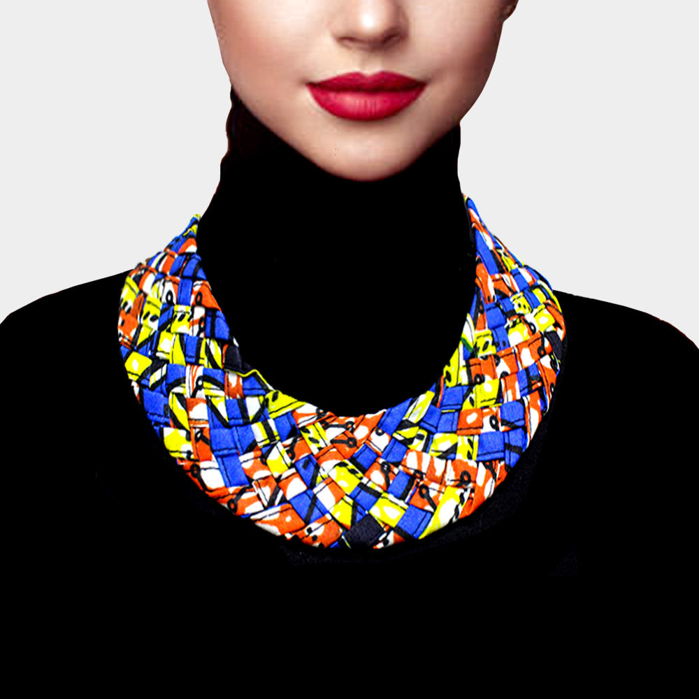 BRAIDED PATTERNED FABRIC BIB NECKLACE Zonya Campbell