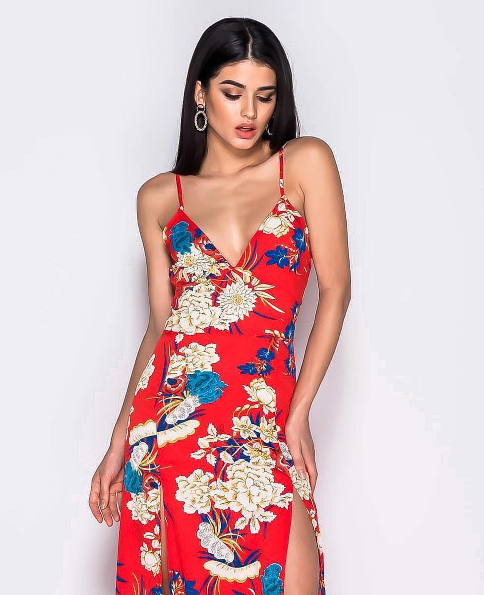 Red floral printed knot dress ( without corset ) – AJASRA