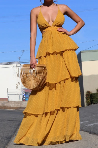 V NECKLINE RUFFLED MAXI DRESS