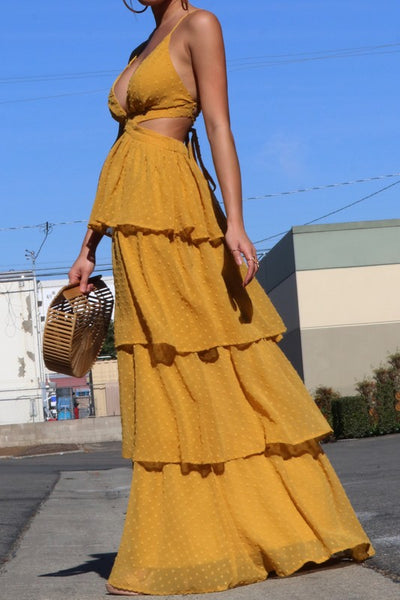 V NECKLINE RUFFLED MAXI DRESS