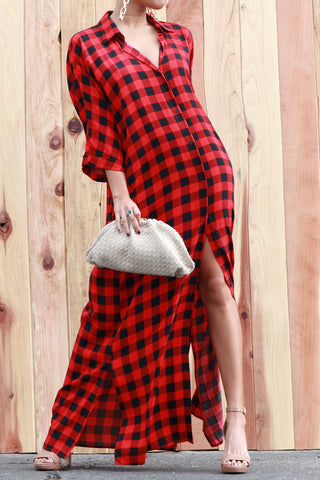 RED PLAID WOVEN LONG SHIRT DRESS