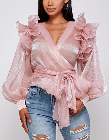 Ruffled Shoulder Tie Waist Blouse